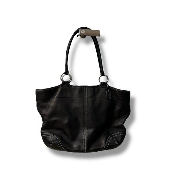 Coach Large Black Leather Shoulder Tote Bag Silver Hardware White Stitching - Picture 1 of 12